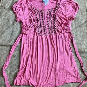 Boho Festival Women's Pink Embellished Short Sleeve Top ruche detail bronze bead